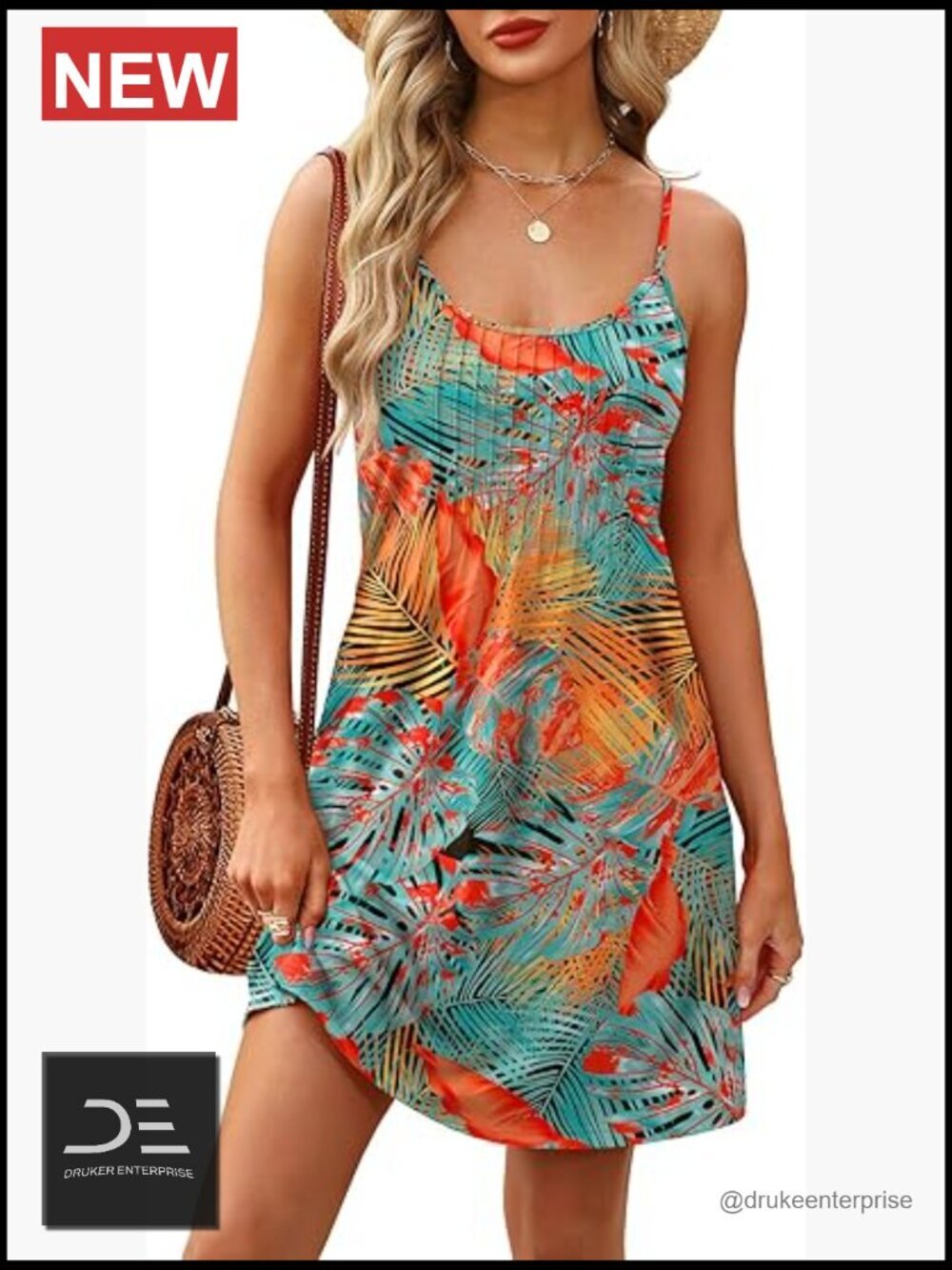 Adjustable Spaghetti Strap Boho Sundress with Pockets Sleeveless A-Line Mini
